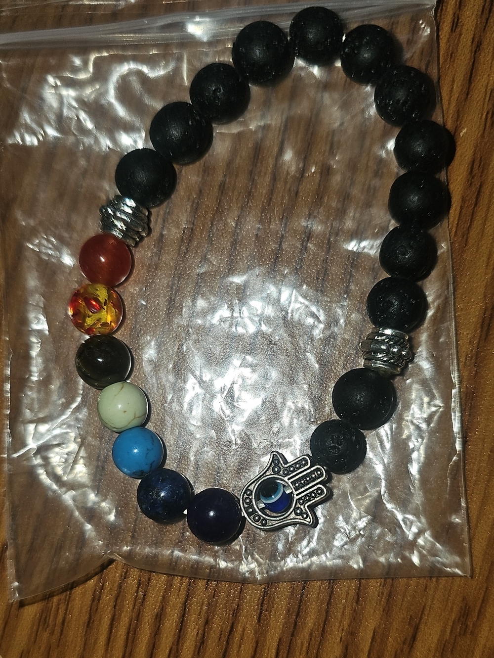 Black Lava Bead Bracelet NEW with Multi-Colored Accent Beads and Hamsa Charm